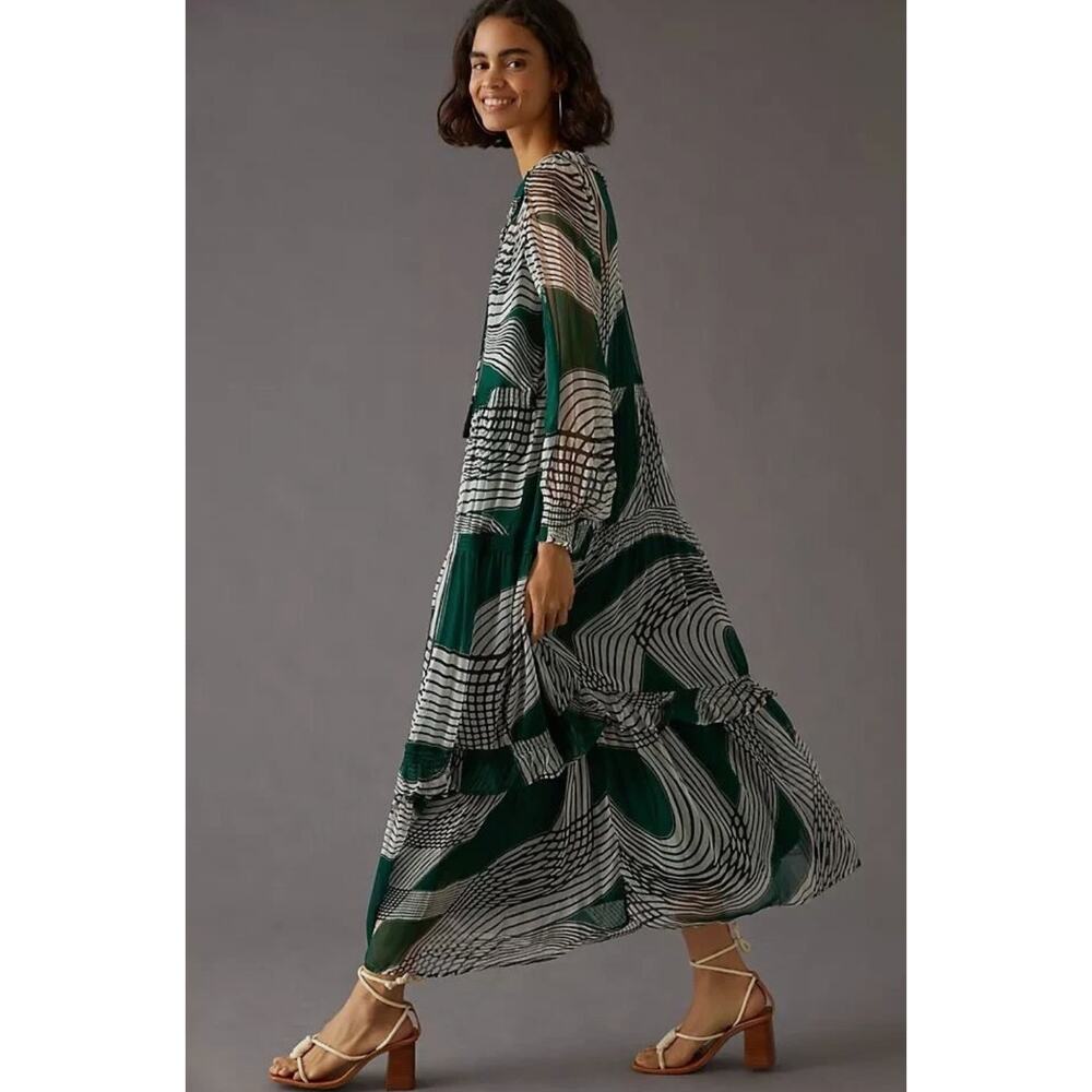 Anthropologie XS Marais Geometric Printed Sheer Chiffon Maxi Dress Boho Green - Picture 3 of 13